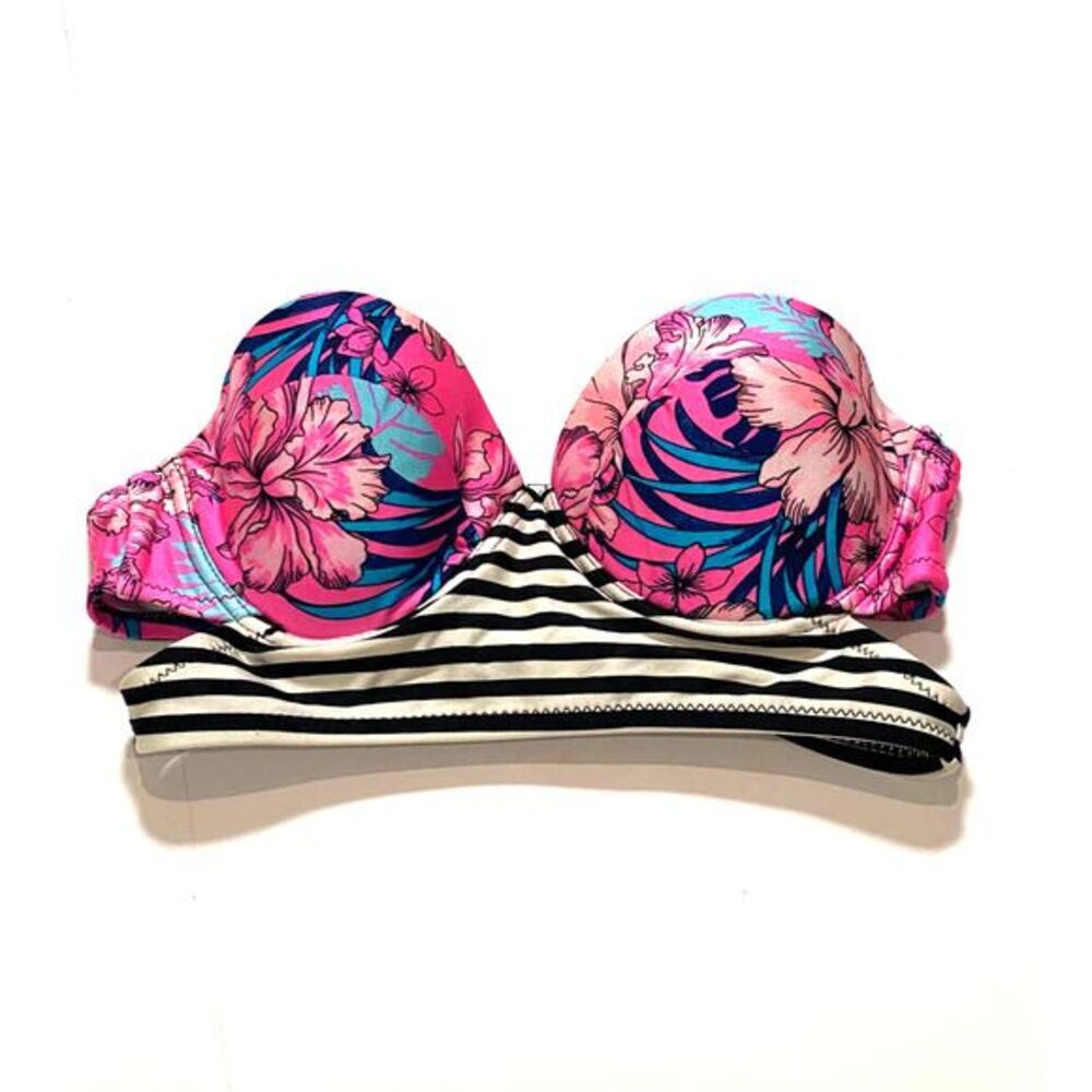 Xhilaration Floral Bandeau Swim Top L Strapless striped Sexy exotic flower Pink